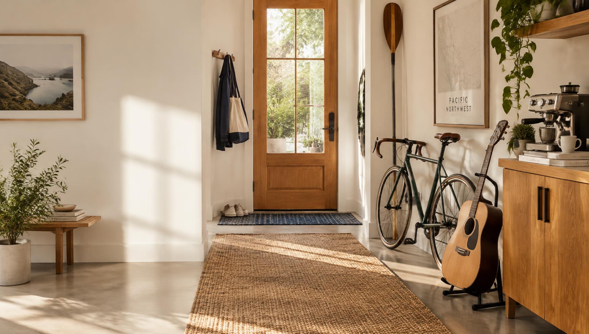 Sunlit entryway with a bike, guitar and espresso machine